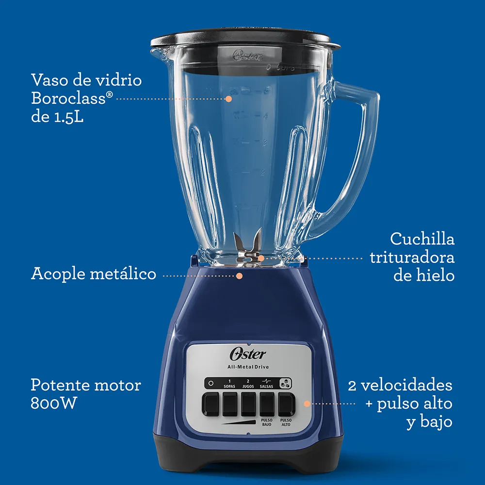 Licuadora Oster vaso de vidrio, 550 watts de potencia 800w pico BLSTKAGLPB 8
